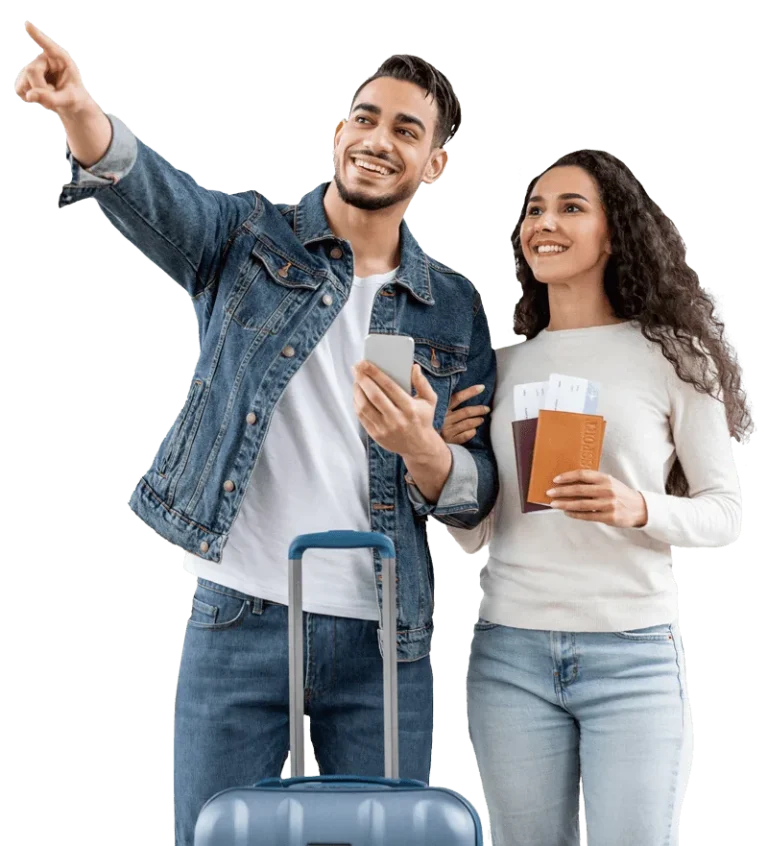 Smiling couple ready to travel with passports and suitcase, representing the simplicity of applying for Schengen Visa and UK ETA online.