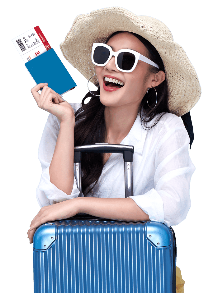 Smiling traveler with sunglasses, a hat, a passport, and tickets, leaning on luggage, ready for a trip with a Schengen visa or UK ETA
