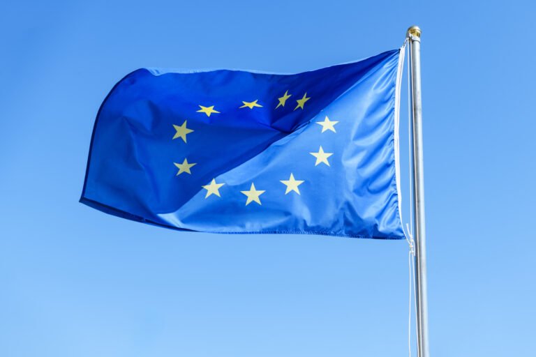 The flag of the European Union is seen gracefully fluttering against a vibrant and bright blue sky above