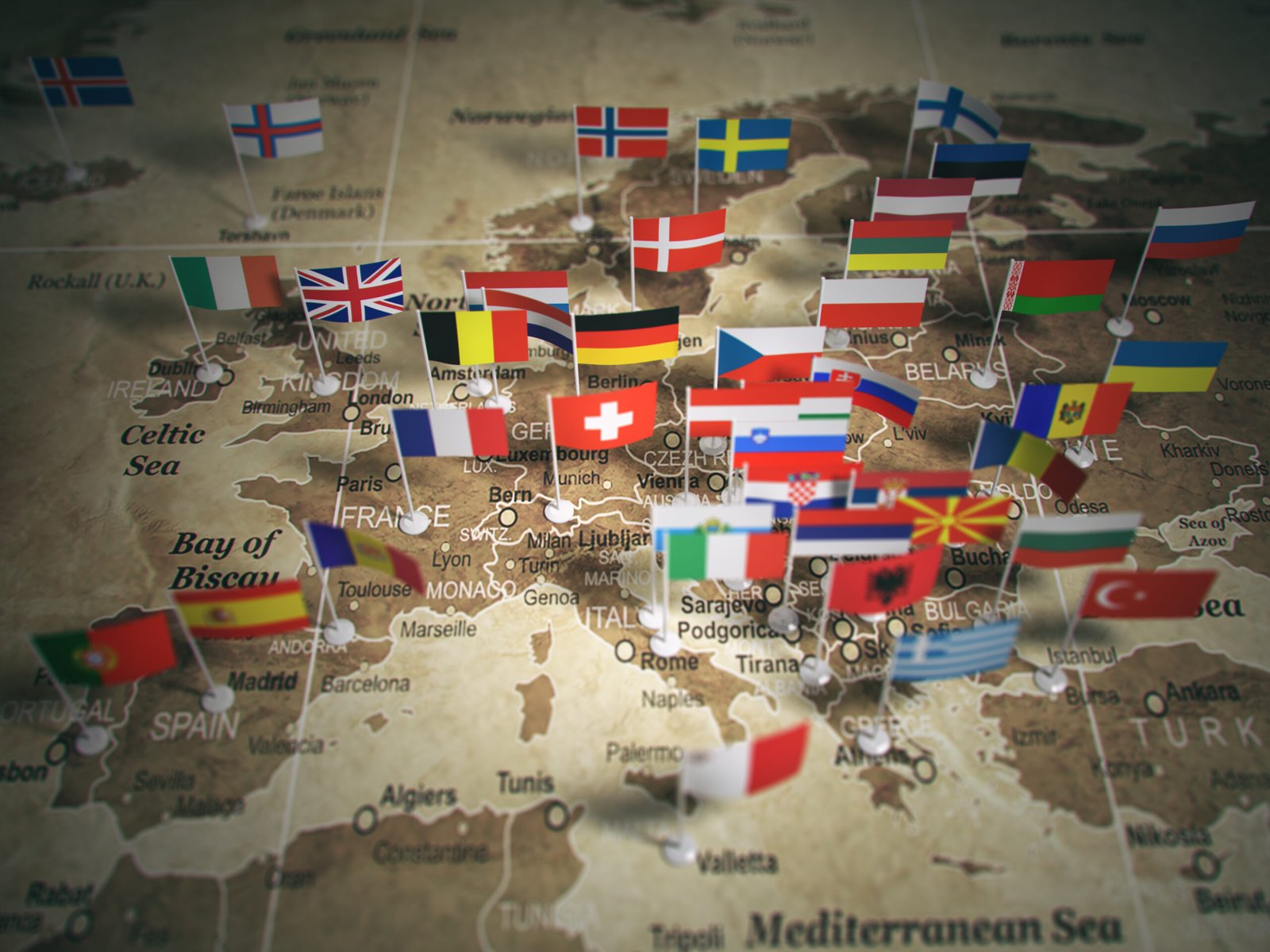 Map of Europe with country flags, symbolizing travel and visa opportunities in the European Union through Schengen visa services