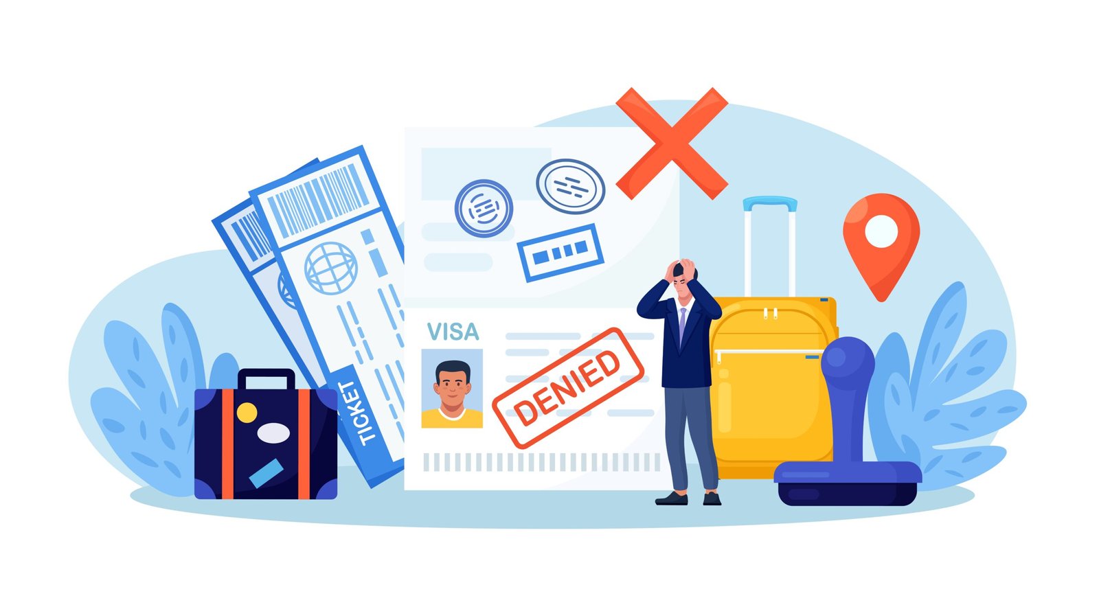 Frustrated traveler with denied Schengen visa, suitcase, tickets, and denied stamp illustration